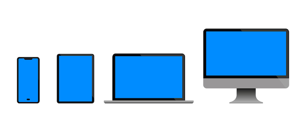 Set of monitor laptop tablet and smartphone with blue screen Modern Digital Devices template