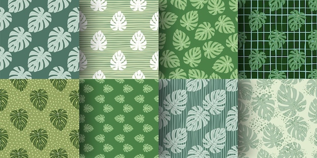 Set of monstera leaf simple shapes seamless doodle pattern
