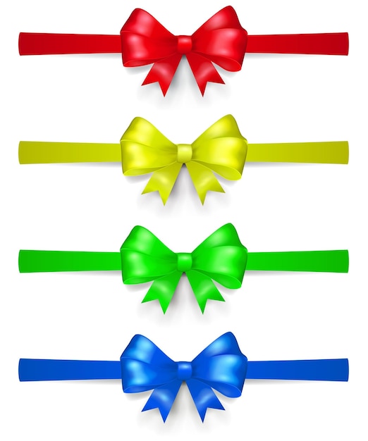 set of multicolored bows made of ribbon, located horizontally, with shadows