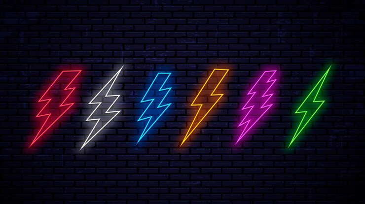 Vektör set of multicolored bright neon lightnings isolated on wall background. neon lightning red, white, blue, yellow, pink, green color.