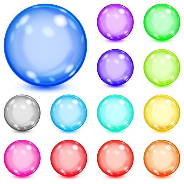 Set of multicolored opaque spheres with glares and shadows
