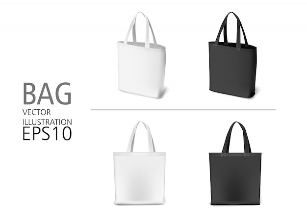 Set of natural canvas material shopping bags black and white color. Eco style realistic bag templates