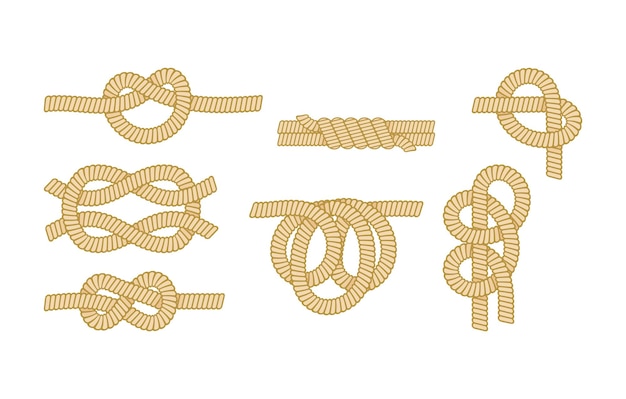set of nautical ropes with different knot types. marine thread or cord with sheet bend and overhand, granny and eight
