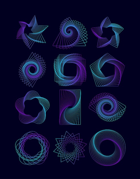 Set of neon colors gradient abstract geometric shapes in black background