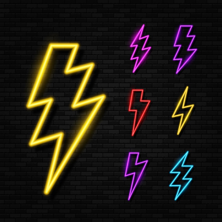 Vektör set of neon glowing lighting ightning bolt icon thunder and electricity sign