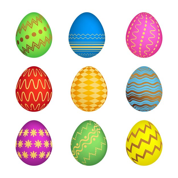 set of nine easter eggs with different colorful texture on a white background vector illustration