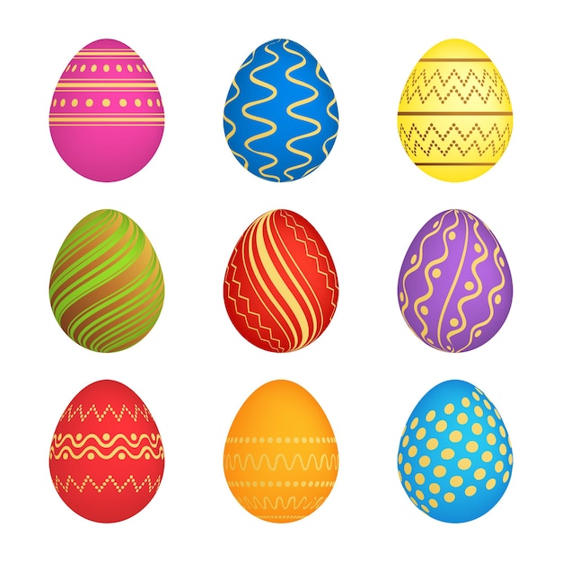set of nine easter eggs with different colorful texture on a white background

