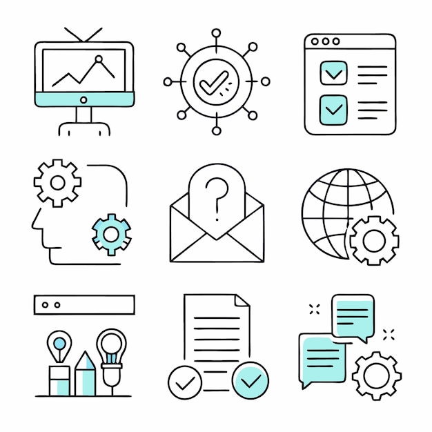 set of nine linear icons representing digital marketing online communication and web development