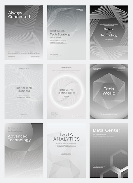 Set of nine techthemed posters with abstract designs Monochrome color scheme