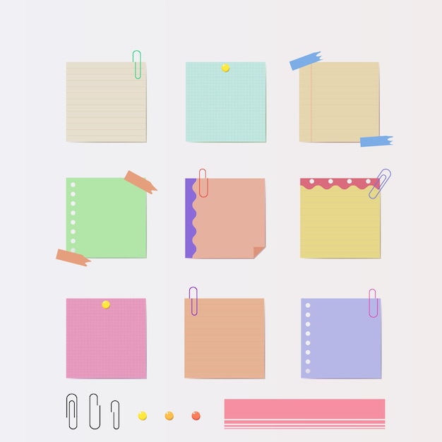 Set of note papers with clip and paperclip