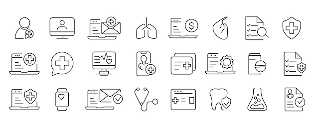 Set of outline icons about pharmacy medicine Simple symbols with black color contour
