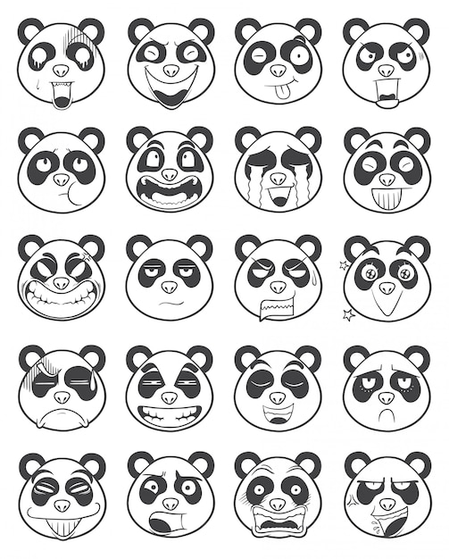 set of panda face emoticon outline illustration vector