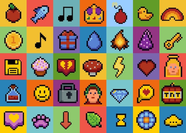 set of pixel art speech bubbles and icons retro game style dialogue box and elements