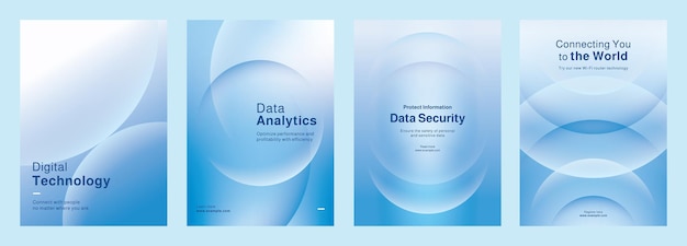 set of poster templates in blue gradient with digital technology and data security