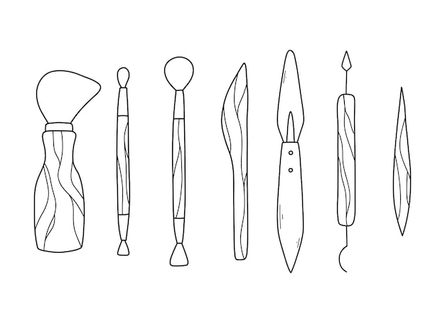 set of pottery tools in doodle style collection of tools for clay in line style vector illustration