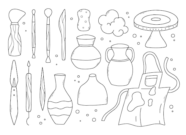 set of pottery tools in doodle style collection of tools for clay in line style vector illustration