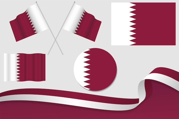 Set Of Qatar Flags In Different Designs Icon Flaying Flags With ribbon With Background
