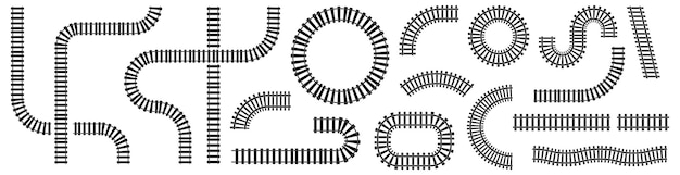 set of railroad tracks straight wavy and curved rails railway collection top view rails
