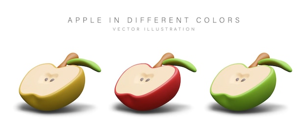 set of realistic apple halves of different colors cut juicy fruit