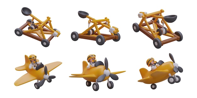 set of realistic catapults and planes with pilot ballista for shooting down aerial target