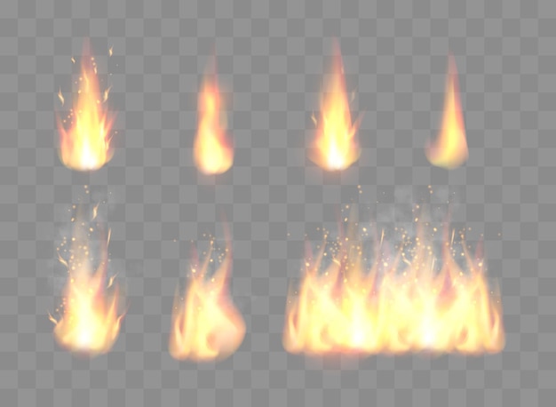 set of realistic fire flames isolated on transparent