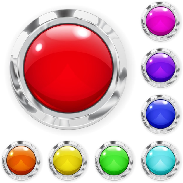 Set of realistic multicolored big buttons made of glass with metallic borders