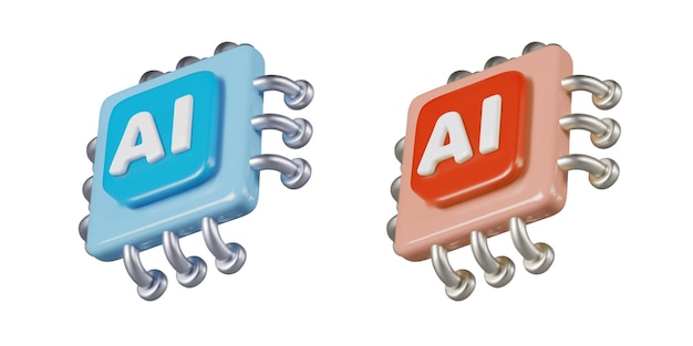 Set of realistic processors of different colors side view Red and blue CPU with AI label