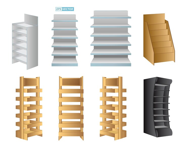 Vektör set of realistic shelf retail trade or stand rack shelves for promotion or display rack mock up