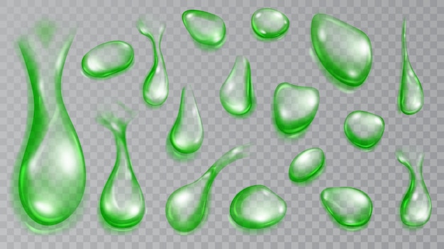 set of realistic translucent water drops in green colors in various shape and size isolated on transparent background
