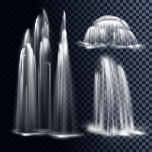 set of realistic waterfalls including cascading streams of various shape isolated on black transparent background