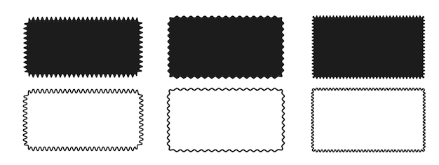 Set of rectangular geometric frames with zigzag wavy edges isolated on white background Vector illustration