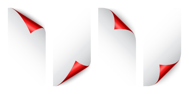 Set of red paper curls curled page corner with shadow blank sheet of paper colorful shiny foil