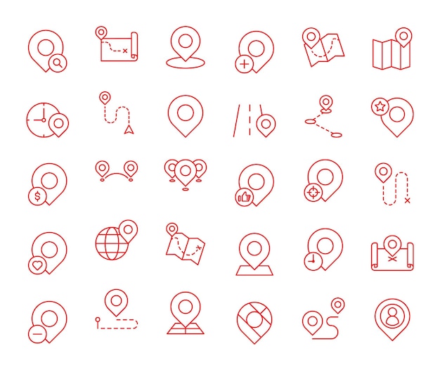 set of red thin line pin related icons map location address gps route and destination editable stroke vector illustration colored icons