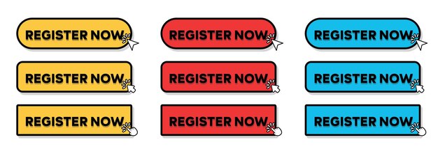 Set of Register Now Button with hand pointer or arrow pointer vector illustration