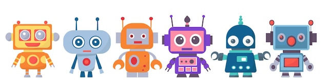 Set of robots androids in doodle style on a white background vector