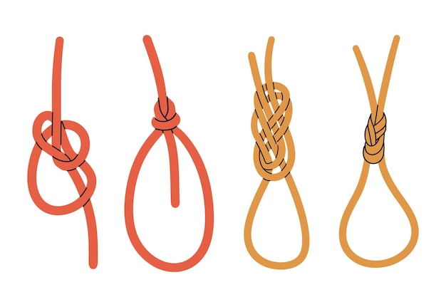 Set of ropes tied into different sea knots Hand draw vector illustration