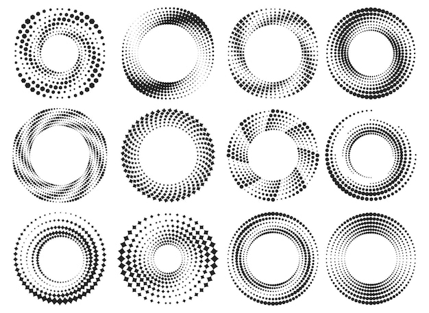 Set of round halftone frames. Circle dotted form. Vector geometric circular shapes.