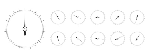 set of round measuring scales with arrows in different positions 360 degree templates