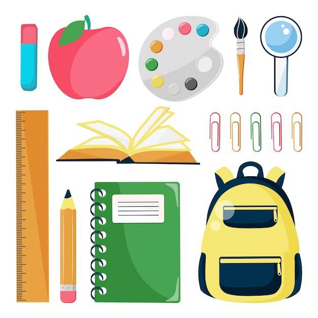 Set of school supplies isolated on white background Back to school Flat style vector