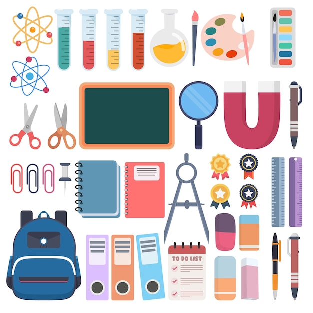 Set of school supplies or back to school and education flat icon vector isolated on white background