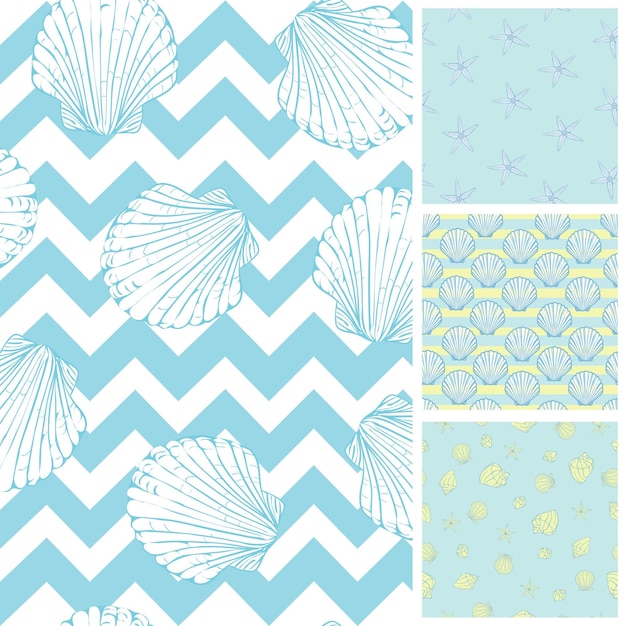 Set of sea and nautical seamless patterns in white and pale blue colors