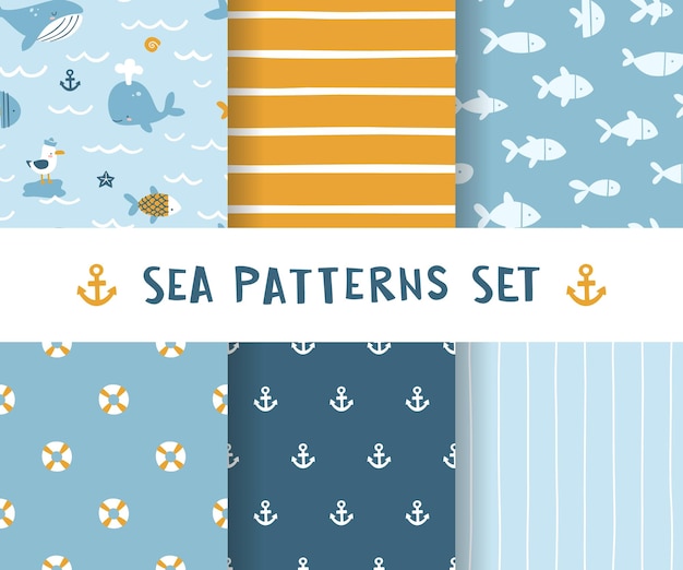 Set of sea baby cute patterns Marine seamless vector prints collection Nautical kids patterns bundle
