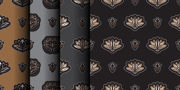 Set of Seamless pattern with lotuses Dark background Expensive and luxurious style Good for prints Vector