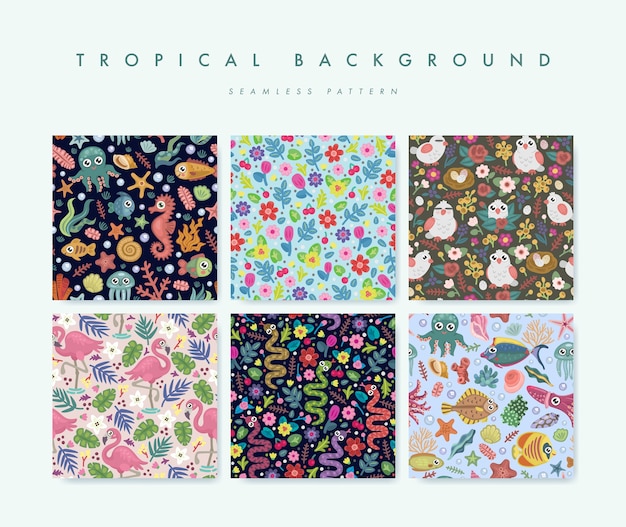 Set of seamless pattern with tropical birds, flowers and fishes