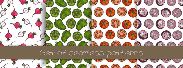 set of seamless patterns with different vegetables pepper tomato onion radish flat vector