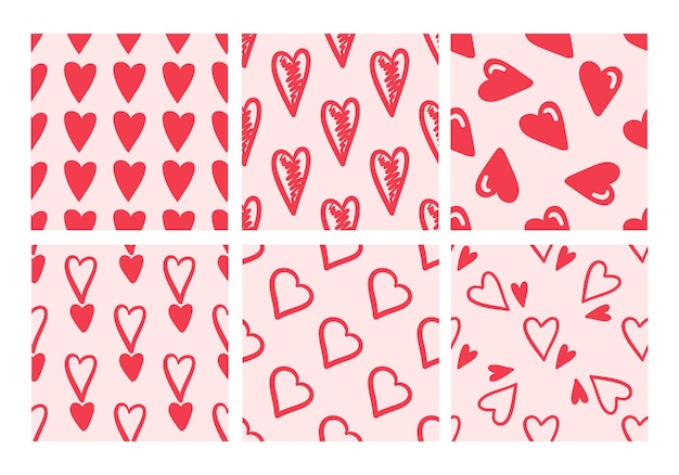 Set of seamless patterns with red hearts on pink background in doodle style