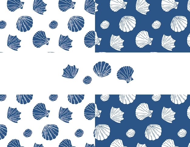 Set of seamless vector pattern with blue sea shells Hand drawn vintage sketch of engraving elements