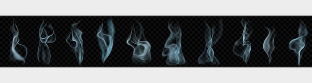 Set of several realistic transparent smoke or steam in light blue colors for use on dark background
