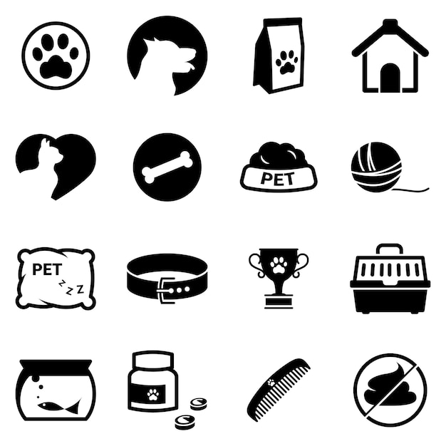 set of simple icons on a theme pets vector design collection flat sign symbolelement object illustration black icons isolated against white background