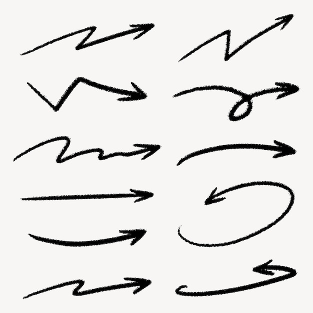 Set of simple lines hand drawn black arrows in various style Set of simple of hand drawn black arrows Set of simple lines hand drawn black arrows Various of simple lines arrows collection